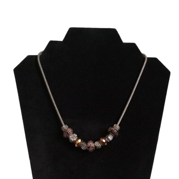 Fashion Jewelry Jewelry - Silver Tone & Shimmery Bronze Metal Beaded Charms Single Strand Fashion Necklace